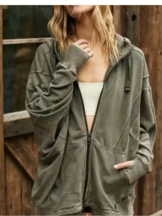 FP Movement by Free People Sweaters - Free People Movement Washed Olive Oversized Zipped Hoodie with Drawstrings
